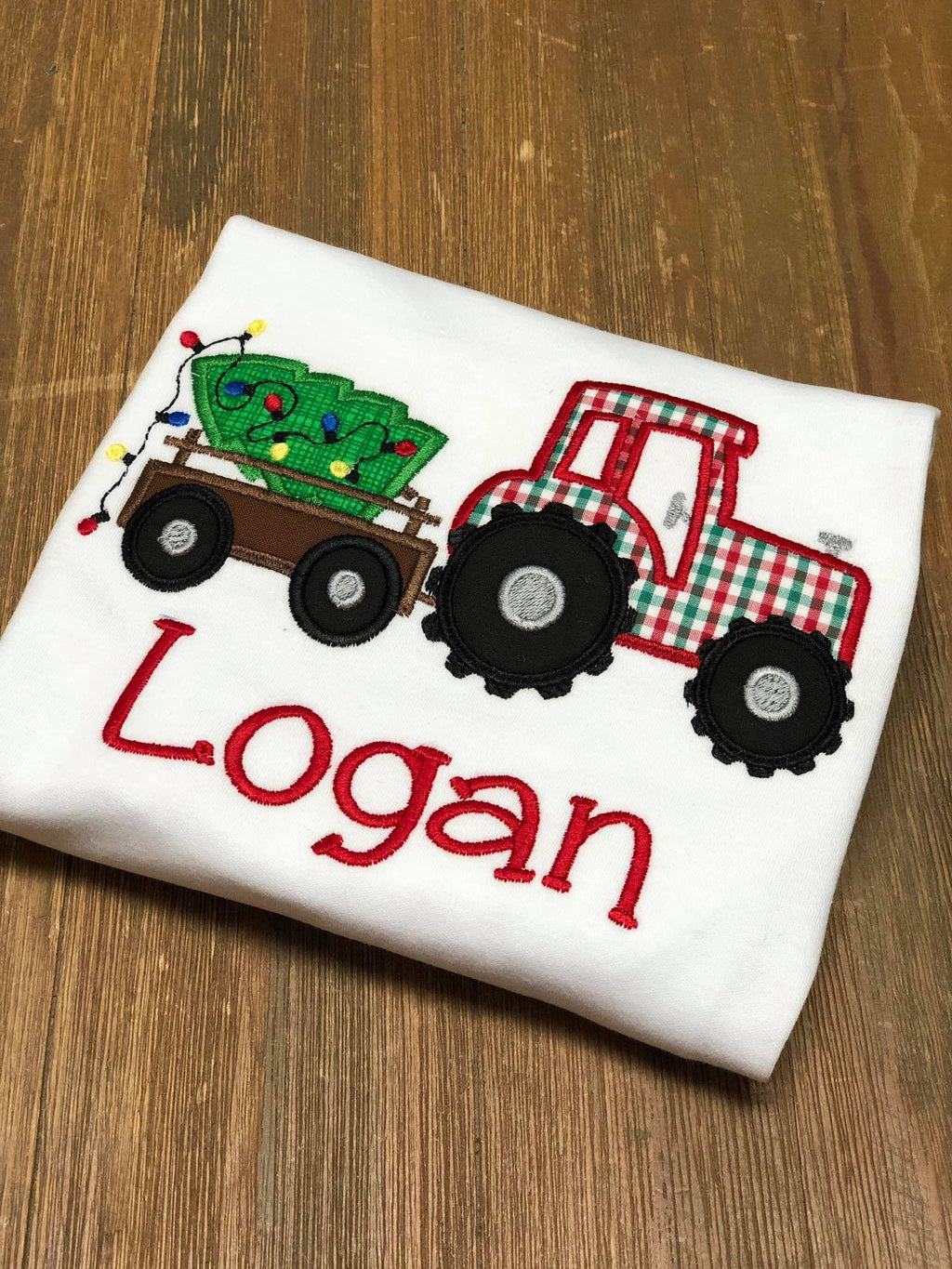 Christmas Gingham Tractor Appliqued Boy Shirt