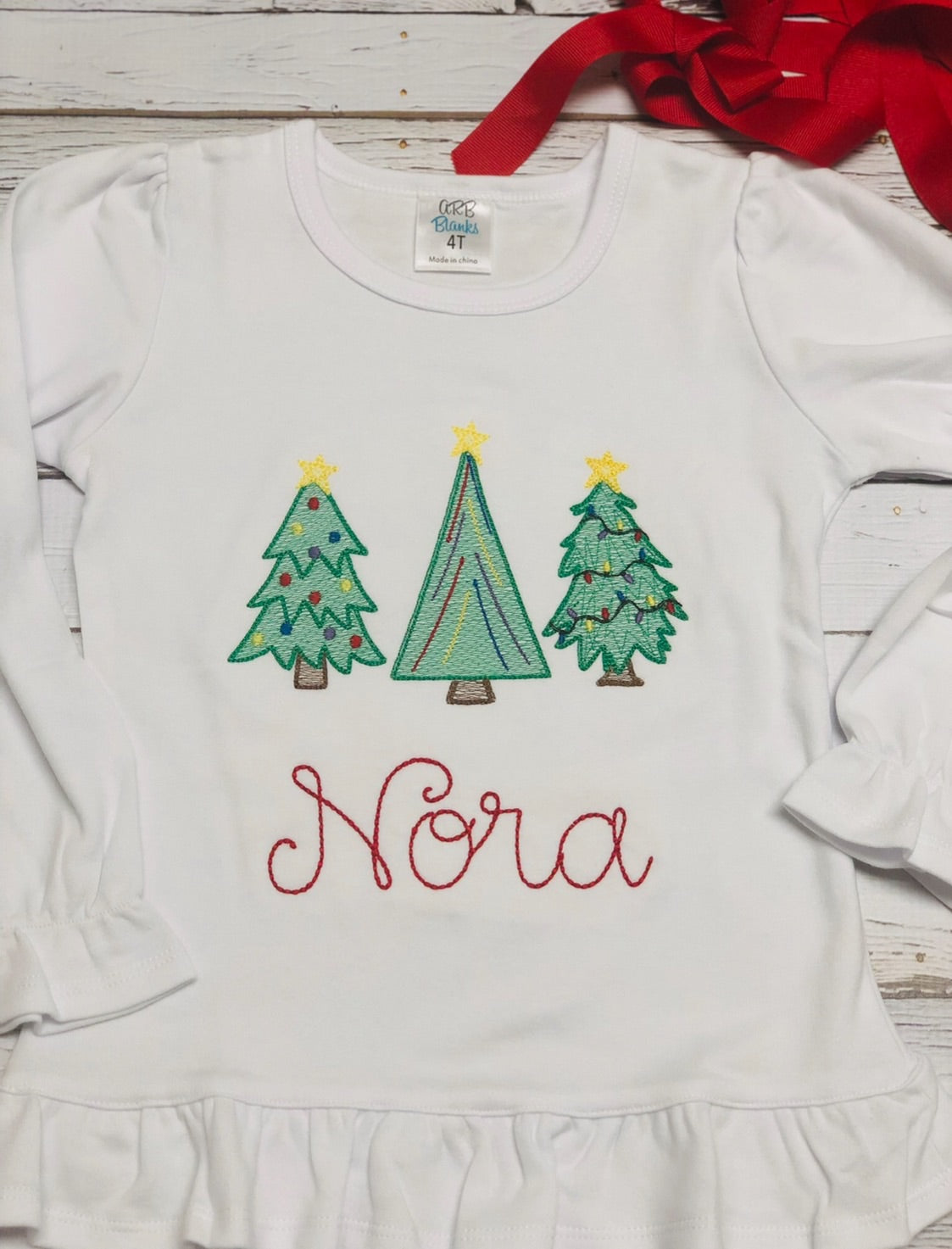 Embroidered Christmas Tree Trio Girl Shirt