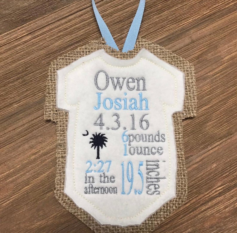 Custom Personalized Birth Announcement Keepsake Baby Ornament Palmetto Moon Themed